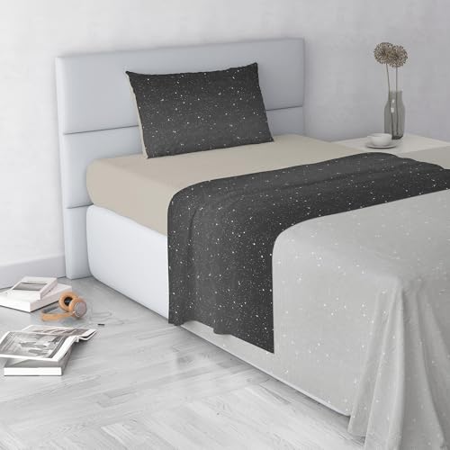 Fashion Bed Sheet Set, Made in Italy, Soft Microfibre Bed Set, Fitted Sheet, Top Sheet 180 x 270 cm and Pillowcase with Inner Flap, Queen Size, Grey Stars