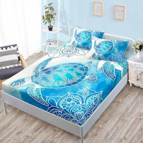 HOSIMA Kids Sea Turtle Bedding Sets Full,1 Fitted Sheet+2 Pillowcases. - Coastal Beach Themed Bedroom Fitted Sheet Queen Size for Teens Girls Boys Room Decor