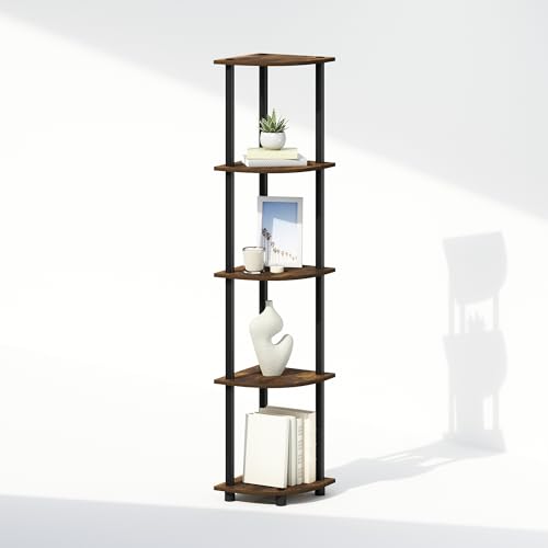 Furinno TURN-N-TUBE Corner Shelf, 5-Tier Corner Display Rack, Shelving Unit, for Organization and Storage, Living Room, Home Office, Garage, Bedroom, Amber Oak