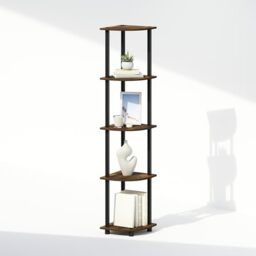 Furinno TURN-N-TUBE Corner Shelf, 5-Tier Corner Display Rack, Shelving Unit, for Organization and Storage, Living Room, Home Office, Garage, Bedroom, Amber Oak