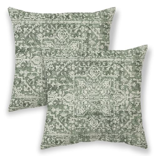 BETGINY Boho Pillow Covers 16x16, Sage Green Cream Ethnic Design Outdoor Decorative Throw Pillows for Couch, Carpet Pattern Decor Cushion Cover 2 Pcs Farmhouse Linen Pillowcase for Bed Car Safa