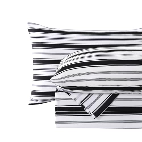 "MCO 4Pieces Striped Sheets Set, Breathable Queen Sheet Set with 16"" Deep Pocket,Modern & Luxury, Brushed Microfiber Bedding Set(Queen, Black)"