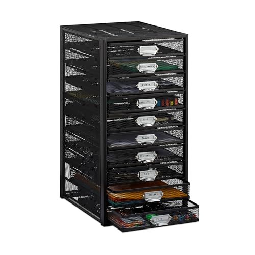Relaxdays Desk Organiser, 10 Drawers for DIN A4 Files, Letter Tray and Paper Sorter, Mini Chest of Drawers, Black