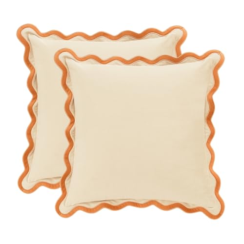 MONDAY MOOSE Decorative Throw Pillow Covers Cushion Cases, Set of 2 Soft Velvet Scalloped Wavy Edge Designs, Mix and Match for Home Decor, Pillow Inserts Not Included (Honey/Cream, 22x22 inch)