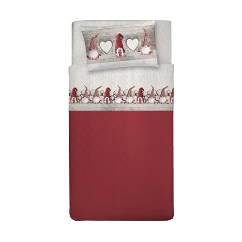 PENSIERI DELICATI 100% Cotton Flannel Double Duvet Cover Set, 250 x 200 cm Bag and Pillowcase 52 x 82 cm, Made in Italy, Duvet Cover Machine Washable at 40 °, Red Gnome Design
