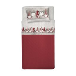 PENSIERI DELICATI 100% Cotton Flannel Double Duvet Cover Set, 250 x 200 cm Bag and Pillowcase 52 x 82 cm, Made in Italy, Duvet Cover Machine Washable at 40 °, Red Gnome Design
