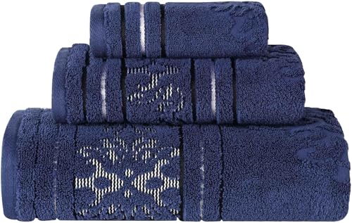 Superior Cotton 3 Piece Towel Set, Includes 1 Bath, 1 Hand, 1 Washcloth/Face Towel, Quick Dry, Home Essentials, Shower, Spa, Luxury Plush Soft Absorbent Towels, Zero Twist, Jacquard Floral, Navy Blue