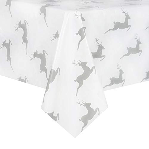 Mr Crimbo Reindeer Christmas PVC Tablecloth Vinyl Table Cover Protector Rectangular Home Accessory Xmas Room Decoration Grey & White 140x240cm