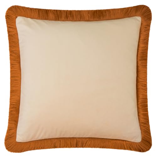furn. Halo Fringed Velvet Polyester Filled Cushion (Ecru/Ginger - 50x50cm) - Soft Colour Block Contrasting Trim Luxury Decorative Pillow