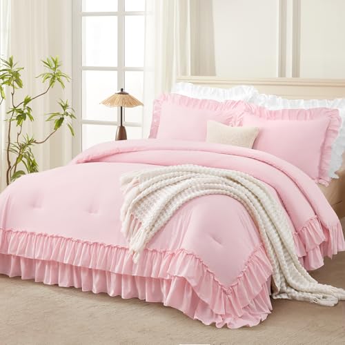 Andency Pink Ruffle Oversized King Comforter Set, 3 Pieces - Shabby Chic Farmhouse Bedding Set, Lightweight Soft Comforter Set 120x98 inch for Girls Women (1 Comforter 2 Pillowcases)