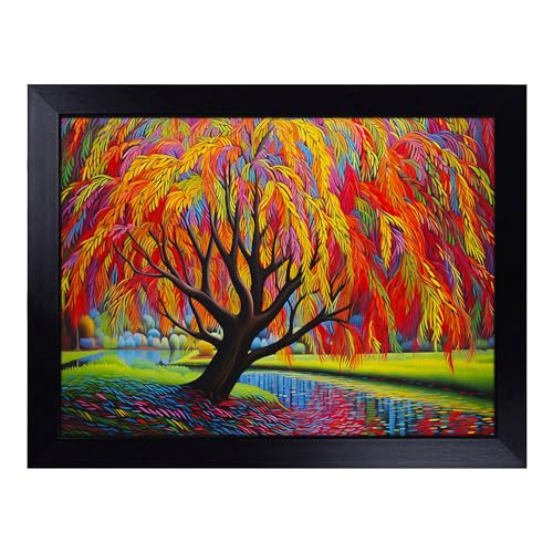 Lap Tray with Bean Bag Cushion, Weeping Willow Op Art - Handmade in the UK, Raised Wooden Edge, Padded Cushion, Heat-Resistant Wipe-Clean Surface, for Meals, Laptops and Crafts