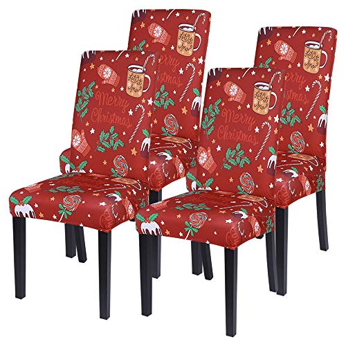 SearchI Christmas Dining Chair Covers Set of 4, Stretch Xmas Parsons Chair Slipcovers Seat Protector Washable Spandex Kitchen Chair Covers for Dining Room,Christmas Decoration,Holiday Party(Red)