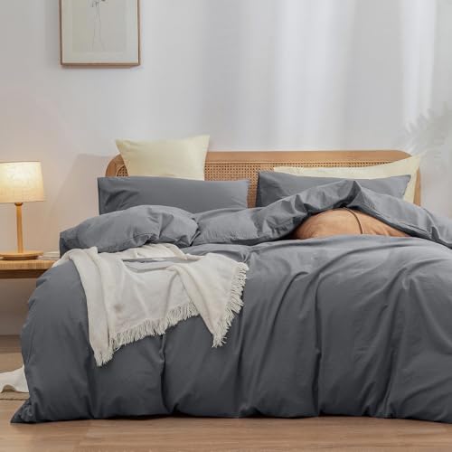 BESTOUCH Cotton Solid Duvet Cover Set Linen Feel Quiet Shade Grey Queen - 100% Washed Cotton, Soft Wrinkle Texture, Hidden Zipper, 8 Ties, Breathable Lightweight Durable Comfy, 3 Pcs No Insert