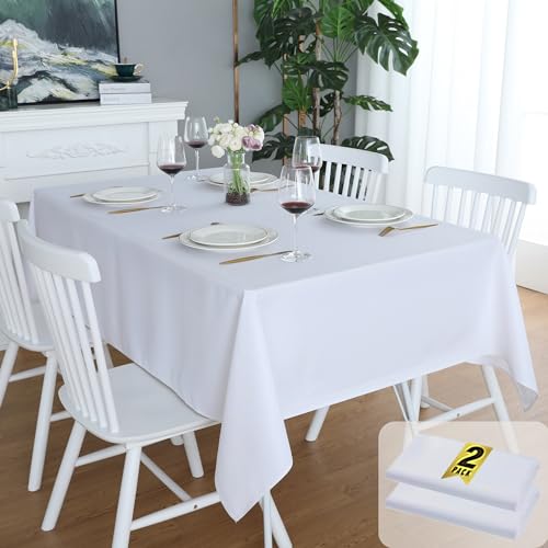 FOLINS&HOME 2 Pack White Rectangle Tablecloth - 54 x 54 Inch Wrinkle Free Waterproof Polyester Table Cloths, Spillproof 210 GSM Washable Table Cover for Party, Banquet, Square/Rectangular (2 Pcs)
