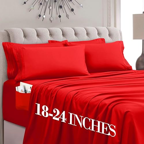 Mocassi Luxury 4-Piece Sheet Set, Ultra Soft 1800 Premium Hotel Quality Microfiber Sheet Set, Fits Mattresses Up to 18 to 24 Inches Extra Deep Pocket - Breathable and Secure Fit, Twin XL, Red