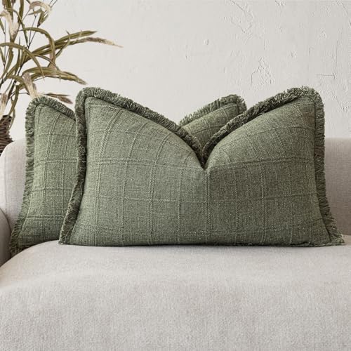 Foindtower Set of 2 Decorative Linen Check Fringe Throw Pillow Covers Farmhouse Lumbar Cushion Covers Modern Boho Home Decor for Sofa Chair Couch Bedroom Living Room,12??20 Inch,Olive Green