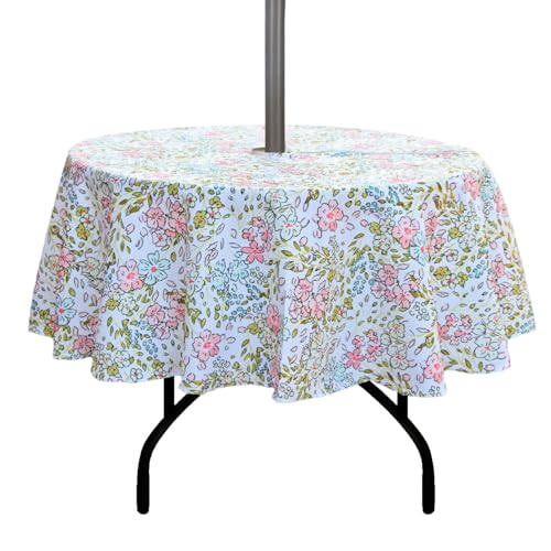 youngseahome Outdoor Tablecloth Water Resistant Polyester Fabric Summer Table Cover with Zipper Umbrella Hole for Picnic/Party/Dinner/Patio Garden (70Inch Round,Spring Garden)