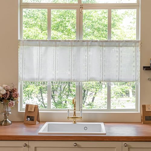 "Sutuo Home White Boho Valance Kitchen Short Curtain, Bohemian Cream Light Filter Linen Farmhouse Shabby Chic Tassels Window Treatment for Cafe Embroidery Drape, Rod Pocket 1 Panel 52"" W x 18"" L"