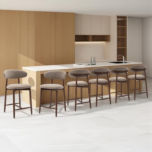 COLAMY 6PCS Counter Height Bar Stools with Back, Modern Upholstered Bar Chairs with Ergonomic Backrest & Footrest, Rubberwood Frame, Breathable Fabric, Padded Seat for Kitchen Island & Home Bar