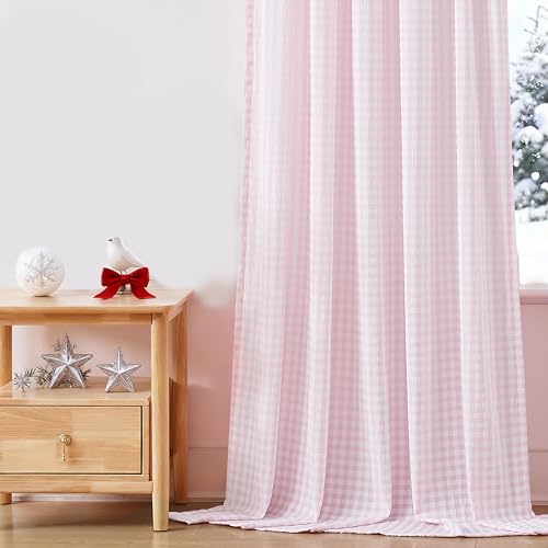"ZJDECOR Pink White Buffalo Plaid Curtain Panels 84 Inches Long for Bedroom - Crinkle Not-See-Through Sheer Drapes for Living Room,Farmhouse Window Treatment,Rod Pocket,Tiebacks Included,52""Wx84""Lx2"