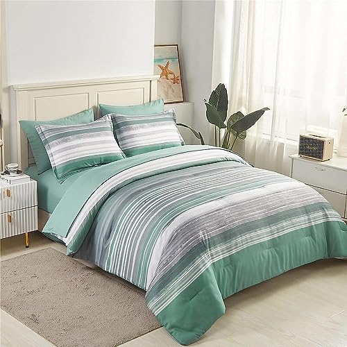 KAKIJUMN 5 Piece Bed in a Bag Stripe Comforter Set Twin Size, White Grey Sage Green Patchwork Striped Comforter and Sheet Set, All Season Soft Microfiber Complete Bedding Set(Green,Twin)