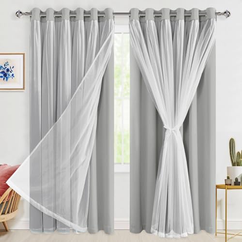 Hiasan Silver Grey Blackout Curtains with Sheer 84 Inches Long, Thermal Insulated Double Layer Room Darkening Curtains for Bedroom, Living Room, 2 Window Drape Panels with Tiebacks, 70W X 84L