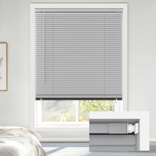 "LazBlinds No Drill Blackout Vinyl Mini Blinds, Grey 28""x64"" - No tools needed. Child-safe cordless lift. 100% blackout for total privacy. Durable, easy clean."