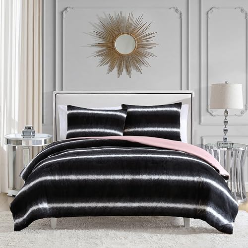 "Juicy Couture King Comforter and Sham Set, Faux Fur Ombre Stripe 3-Piece King Bedding Set - Black/White - 102""x90"" Comforter + (2) 20""x36"" Shams"
