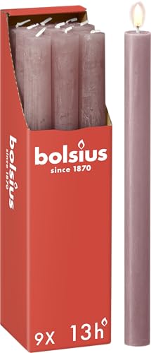 Bolsius Rustic Dinner Candles - Pink - Pack of 9 - Long Burning Time of 13 Hours - Household Candle - Interior Decoration - Unscented - Natural Vegan Wax - 27 x 2.3 cm