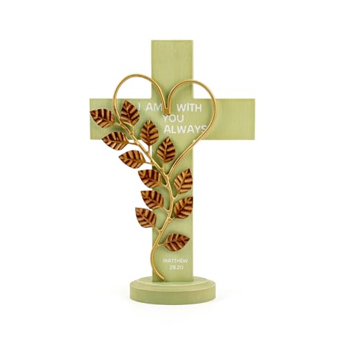 OKSQW Wooden Wall Cross with Iron Heart Leaf Decorated with Hook and Base Hanging Wall Or Table Cross with Matthew 28:20 For Church Home Room Decoration (Green)