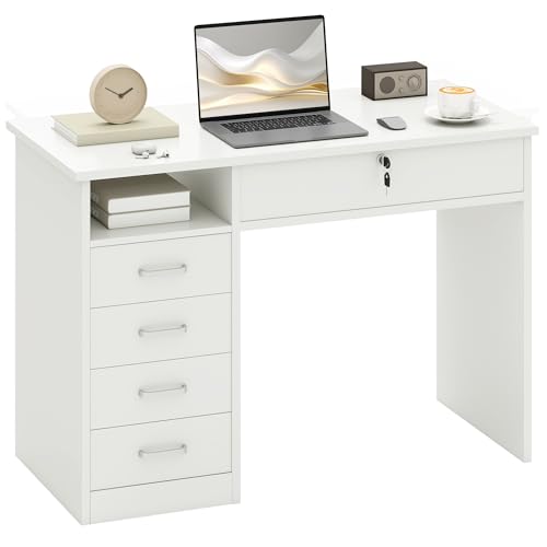 HOMCOM Computer Desk with 5 Drawers, Home Office Desk with Lockable Drawer and Storage Shelf, Study Table for Bedroom, 110 x 50 x 76 cm, White