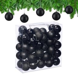 Relaxdays Christmas Baubles, Set of 50, Tree Ornaments, Holiday Decorations, Plastic, Shatterproof, 6 cm, Black