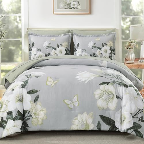 "DHSFKBE Floral King Size Comforter Set, 7 Pieces Green Bed in a Bag, Elegant Floral Butterfly Comforter and Sheet Set, Soft Microfiber Bedding Sets for All Seasons(Green,104""x90"")"