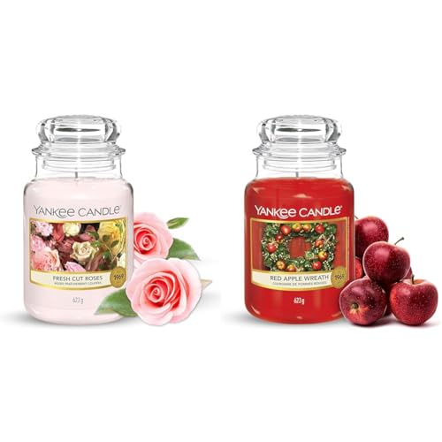 Yankee Candle Scented Candle - Fresh Cut Roses Large Jar Candle - Long Burning Candles: up to 150 Hours & Scented Candle - Red Apple Wreath Large Jar Candle - Long Burning Candles: up to 150 Hours
