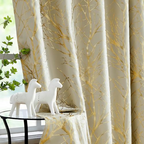 "FMFUNCTEX 100% Blackout Curtains, Modern Farmhouse Style, Gold/Ivory Tree Branch Pattern, 50"" W x 96"" L (2 Panels), Living Room, Bedroom, Darkening Window Curtains"