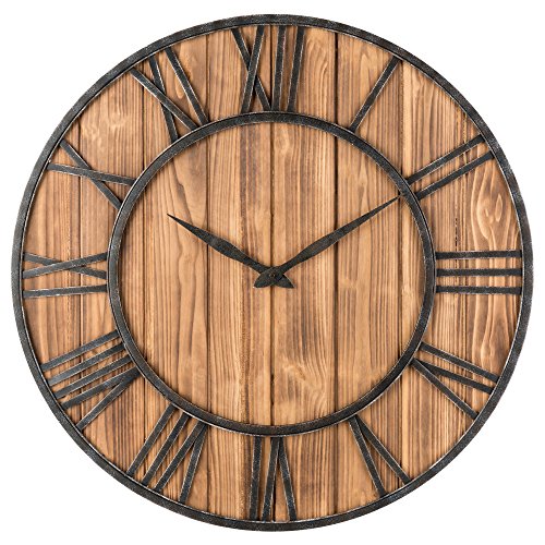 Oldtown Clocks Farmhouse Rustic Barn Vintage Bronze Metal & Solid Wood Noiseless Big Oversized Wall Clock 30-inch Wood