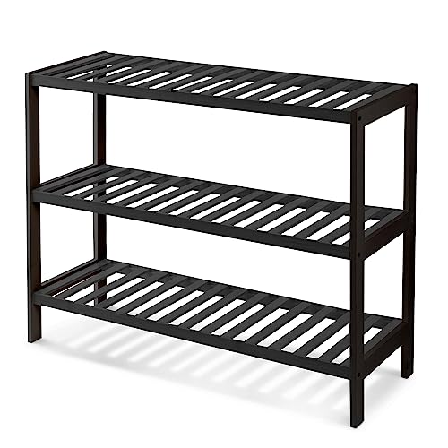 KEPLIN Natural Bamboo Shoe Rack Easy Assembly & Strong Design Shelf Organiser Ideal for Bedroom, Bathroom, Hallway & Small Spaces Large Capacity Up to 9 Pairs of Shoes (Black, 3 Tier) (70x55x25cm)