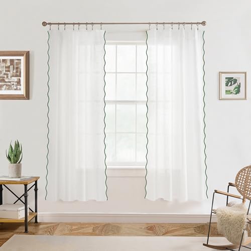 DriftAway Semi Sheer Scalloped Edge White Coastal Beach Window Curtains for Living Room Bedroom 2 Panels Rod Pocket Each Size 52 Inch by 63 Inch Loden Green