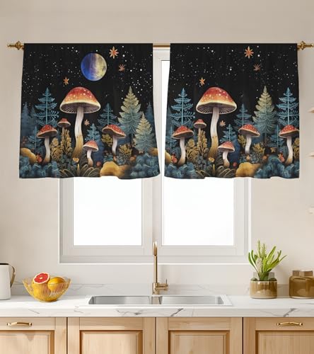 "Stanoha Kitchen Curtains (2 Pcs) Over Sink for Bathroom Window Cafe Basement Cortinas para Cocina Farmhouse Short Mini Curtain Mushroom Plant Elegant Country Rustic Modern Cute - 26??24"""