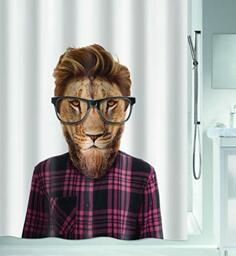 Spirella Anti-Mould Shower Curtain - Anti-Bacterial, Washable, Waterproof - Polyester, Smart Lion 180 x 200 cm Lion White