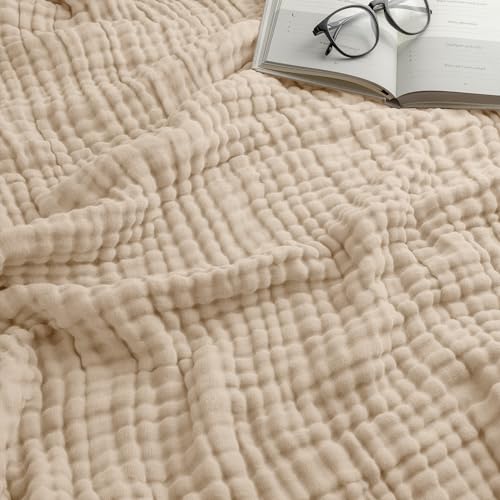 Comfy Cubs Adult Muslin Blanket Throw, 127 x 152 cm - Soft, Six-Layered, Lightweight, Breathable Cotton Blanket for All Seasons - Machine Washable, Stylish Home Decor - Sand