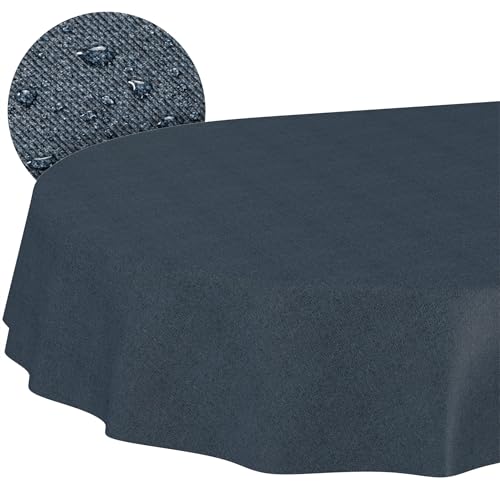 ANRO Washable Tablecloth Dark Blue Linen Look Oval 160 x 140 cm - Weatherproof Garden Tablecloth - Coated Fabric Table Linen - Dirt & Water-Repellent - Easy Care