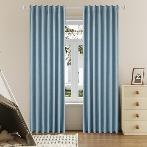 "DUALIFE 100% Blackout Linen Slate Blue Curtains 84 Inch for Living Room Darkening, Bedroom Linen Drapes 84 Inches Long Rod Pocket/Back Tab Heat Blocking Bohemian Pleated Window Curtain(50""x84""x2)"