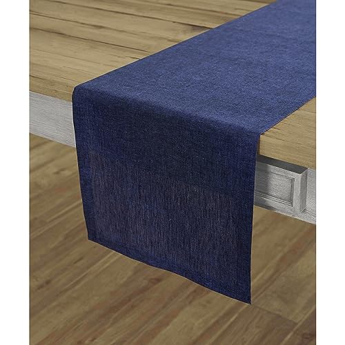 Solino Home 100% Pure Linen Dining Table Runner Navy, Athena 14 x 120 in - Table Runners for dining, hallway and console tables, softly textured artisan woven finish, Chambray Navy, OEKO-TEX Certified