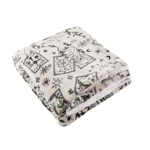 furn. Celestial Stories Throw – Mystical Hand Painted Botanical Tarrot Card Sherpa Fleece Blanket (Green - 130x180cm)