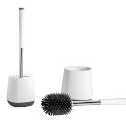 Toilet Brush with Drainage Holder Set,Flex Silicone Anti-Clog Anti-Drip Brush Head, White/Grey Colour with Stainless Steel Handle, 2-Pack