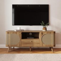 GFW Sorrell Rattan TV Unit with Shelves & Cupboard Storage, Oak Effect Entertainment Stand with Curved Edges
