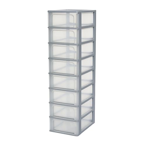 Iris Ohyama Plastic Storage Drawers Unit, 8 Shallow Drawers, Grey, Easy-Pull Drawers, A4, A5 & A6 Format, File Organiser, For Office, School, Stationary, BPA Free, Chest, Tower, OCH-2008