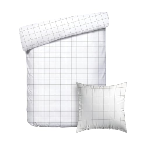 Pure Cotton 2 Piece Single Bed Set - Duvet Cover 140 x 200 cm and Pillowcase 63 x 63 cm - 100% Cotton Sateen 200 Thread Count 120 g/m² - Oeko-Tex Certified - Carreaux White/Taupe