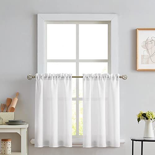 Melodieux White Semi Sheer Tier Curtains 24 Inch Length for Kitchen Cafe Bedroom Small Windows, Linen Like Rod Pocket Short Curtain Tiers Voile Drapes, 2 Panels